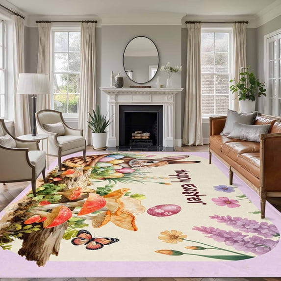 Happy Easter Area Rugs 5'x7', Small Throw Rugs for Laundry Room Playroom, Bunny Eggs Spring Mushrooms Plants Rustic Purple Indoor Outdoor Rug Non-Slip Low Pile Carpet Runner Reversible Floor Mats