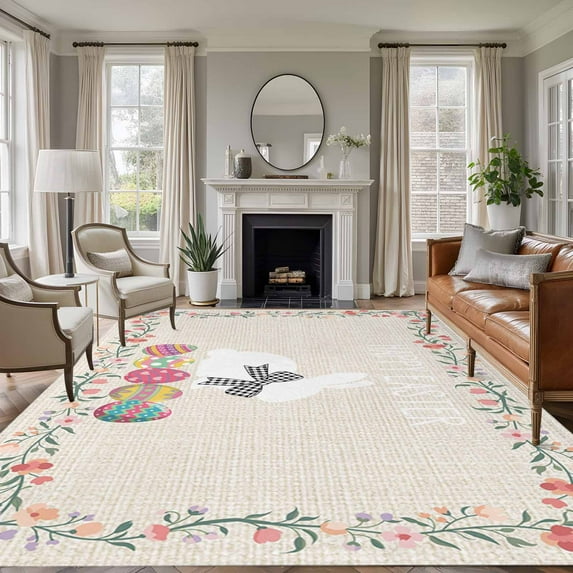 Happy Easter Area Rugs 5'x7', Washable Small Throw Rugs for Laundry Room Playroom, Bow Bunny Colorful Eggs Flowers Vines Indoor Outdoor Rug Non-Slip Low Pile Carpet Runner Reversible Floor Mats