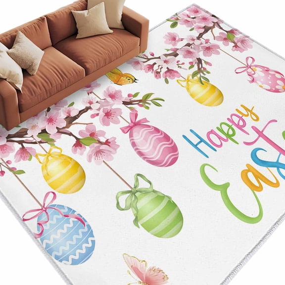 Happy Easter Area Rugs 5x7ft Spring Pink Floral Bule Yellow Eggs Butterfly Watercolor Floor Rug Non Slip Low Pile Ultra Soft Carpet for Entryway Indoor Bedroom Dining Room Under Table