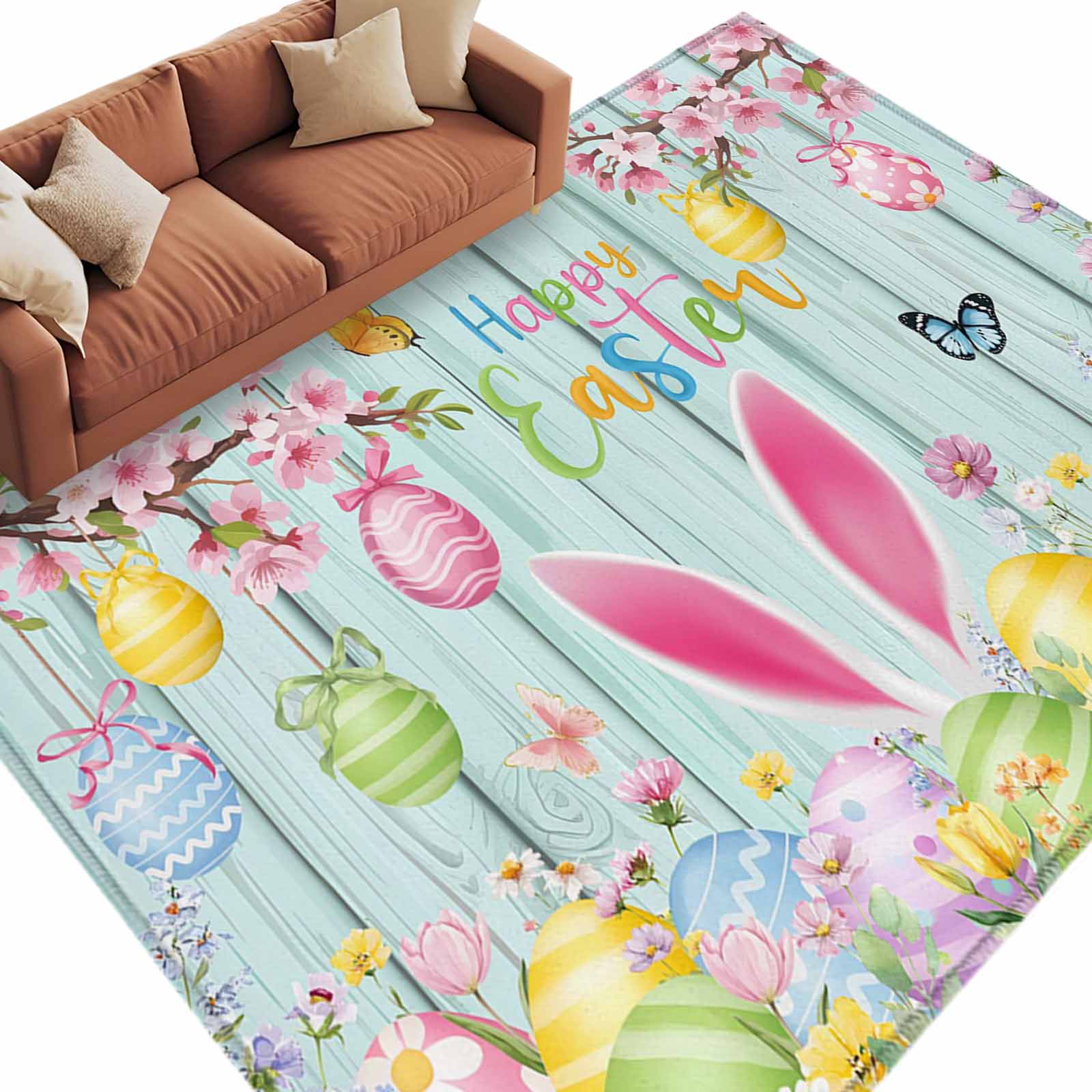 Happy Easter Area Rugs 5x8ft Colored Eggs Cute Rabbits Bunny Spring ...