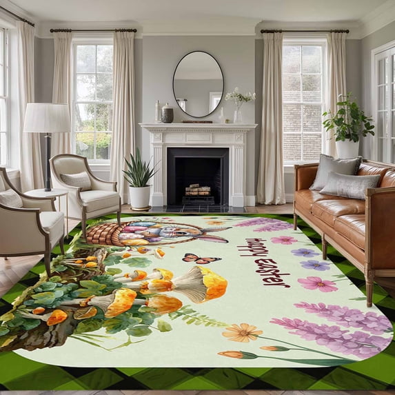 Happy Easter Area Rugs 6'x9', Small Throw Rugs for Kitchen Dining room, Rabbit Eggs Spring Mushrooms Botanical Green Plaid Indoor Outdoor Rug Non-Slip Low Pile Carpet Runner Reversible Floor Mats