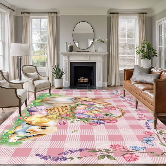 Happy Easter Area Rugs 6'x9', Washable Small Throw Rugs for Kitchen Dining room, Spring Easter Eggs Bunny Floral Pink Plaid Indoor Outdoor Rug Non-Slip Low Pile Carpet Runner Reversible Floor Mats