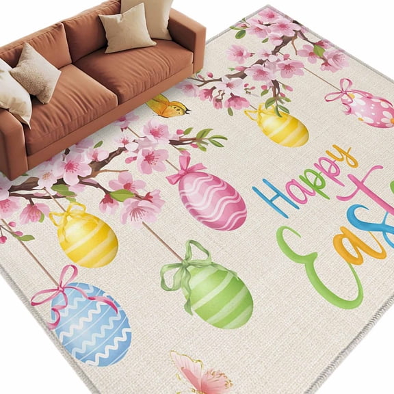 Happy Easter Area Rugs 6x9ft Spring Pink Floral Bule Yellow Eggs Butterfly Linen Texture Floor Rug Non Slip Low Pile Ultra Soft Large Carpet for Bedroom Living Room Dining Room