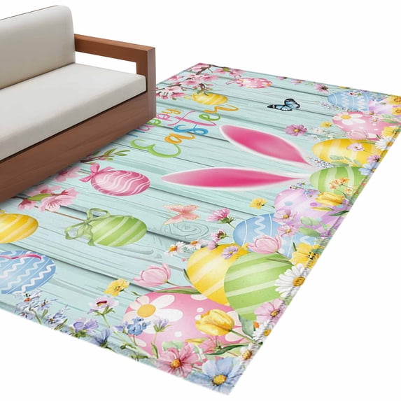 Happy Easter Area Rugs Collection 3'x5', Spring Bunny Eggs Flower Teal Wood Grain Non Slip Indoor Rectangle Throw Runner Rug Floor Mat Carpet for Living Room Dining Table Bedroom Nursery