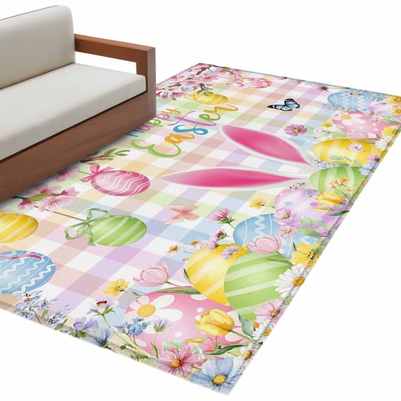 Happy Easter Area Rugs Collection 4'x6', Spring Bunny Colorful Eggs Flower Plaid Non Slip Indoor Rectangle Throw Runner Rug Floor Mat Carpet for Living Room Dining Table Bedroom Nursery