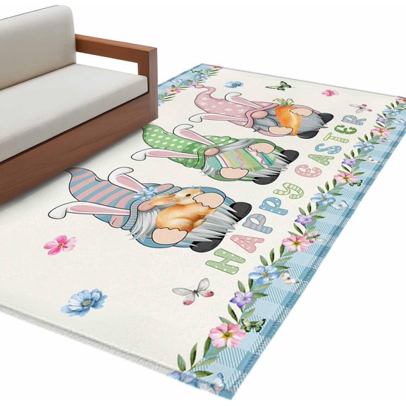Happy Easter Area Rugs Collection 4''x6'', Spring Gnomes Rabbit Eggs Floral Lattice Non Slip Indoor Rectangle Throw Runner Rug Floor Mat Carpet for Living Room Dining Table Bedroom Nursery