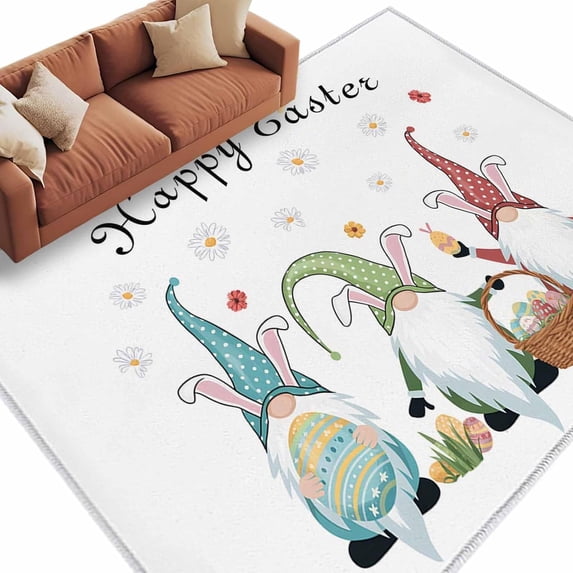Happy Easter Area Rugs Collection 5''x7'', Cute Gnomes Eggs Spring Daisy Flowers Plants Non Slip Indoor Rectangle Throw Runner Rug Floor Mat Carpet for Living Room Dining Table Bedroom Nursery