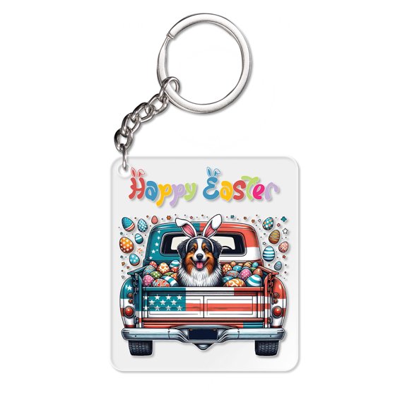 Happy Easter Australian Shepherd American Flag Truck Bunny Ears Acrylic Keychain Aussie Dog Lover Gifts Collar Charm Tag Keyring - 03001