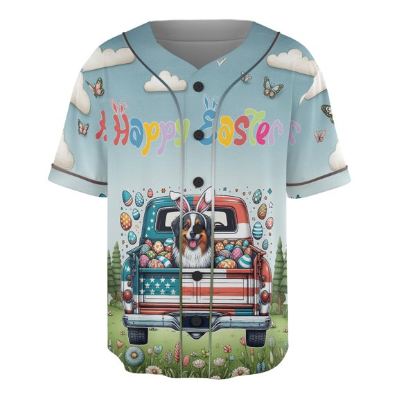 Happy Easter Australian Shepherd American Flag Truck Bunny Ears All Over Print 3D Baseball Shirt Aussie Dog Lover Gifts Softball Sport - 03001