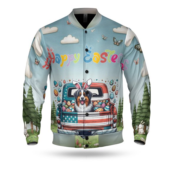 Happy Easter Australian Shepherd American Flag Truck Bunny Ears All Over Print 3D Baseball Jacket Aussie Dog Lover Gifts Bomber Jacket Softball - 03001