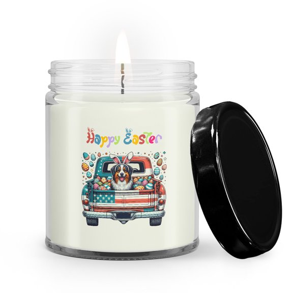 Happy Easter Australian Shepherd American Flag Truck Bunny Ears Soy Wax Candle Aussie Dog Lover Gifts 9oz White Birch & Black Pepper Candle - 03001