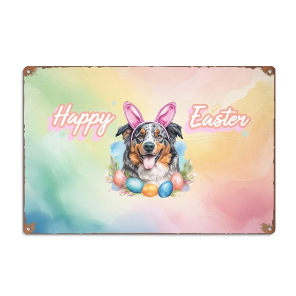 Happy Easter Australian Shepherd with Bunny Ear Headband and Flowers Horizontal Metal Aluminum Sign Aussie Dog Lover Gifts Wall Art Home Decor - 13001