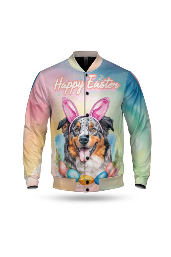 Happy Easter Australian Shepherd with Bunny Ear Headband and Flowers All Over Print 3D Baseball Jacket Aussie Dog Lover Gifts Bomber Jacket Softball - 13001