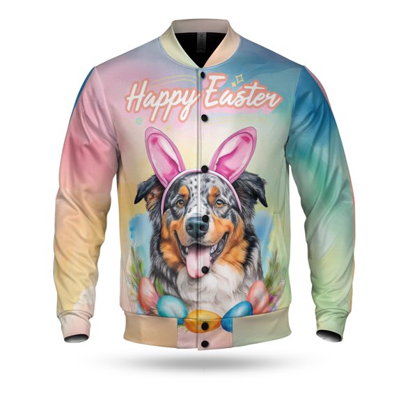 Happy Easter Australian Shepherd with Bunny Ear Headband and Flowers All Over Print 3D Baseball Jacket Aussie Dog Lover Gifts Bomber Jacket Softball - 13001