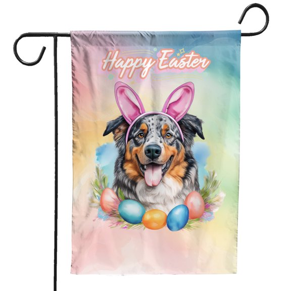 Happy Easter Australian Shepherd with Bunny Ear Headband and Flowers Garden Flag 12x18in Double Sided Aussie Dog Lover Gifts Outdoor Decor - 13001