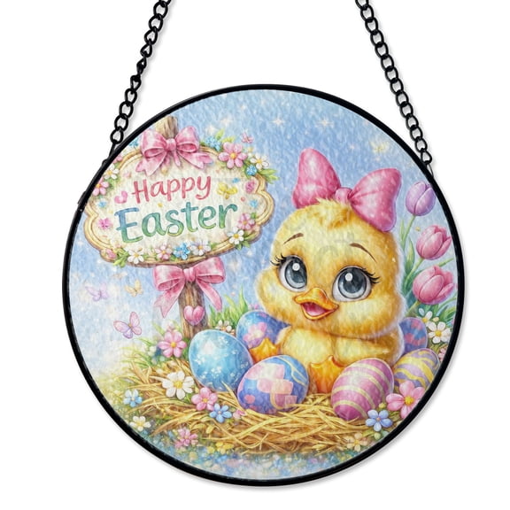 Happy Easter Baby Chick Stained Glass Suncatcher UV Printed Glass Cute Holiday Ornament Gift Round