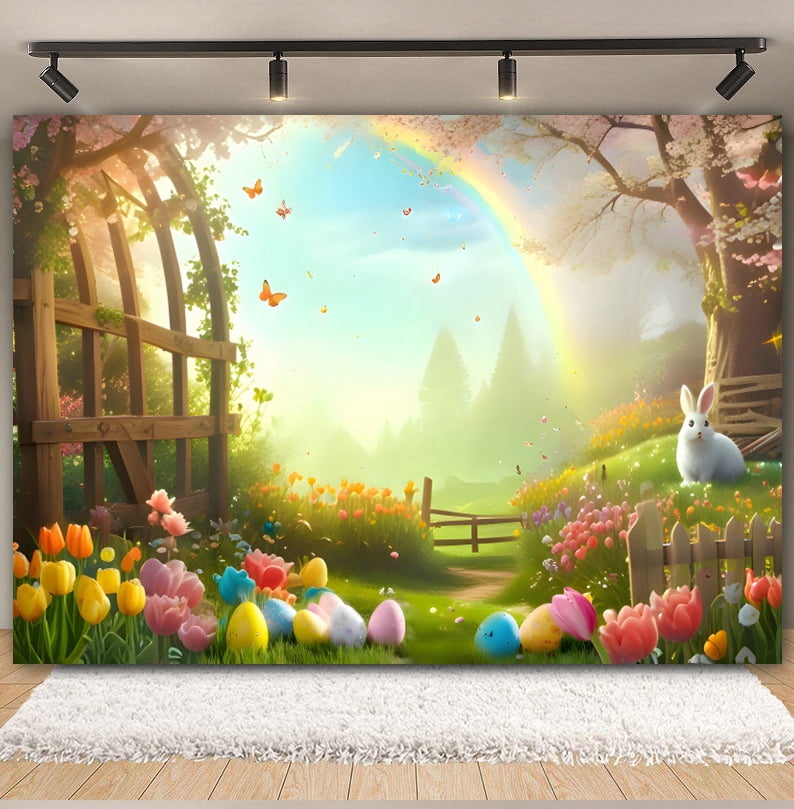Happy Easter Backdrop Spring Cherry Flower Gard Rabbit Eggs Grass Bunny ...