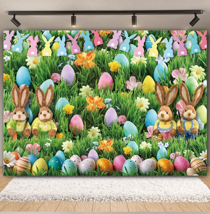 Happy Easter Backdrop Spring Cherry Flower Gard Rabbit Eggs Grass Bunny ...