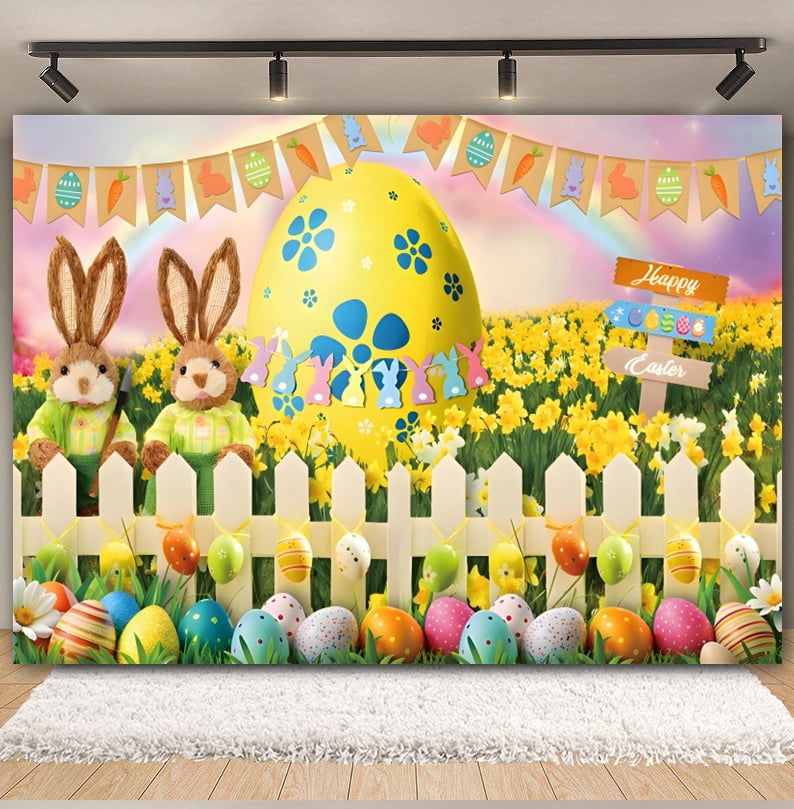 Happy Easter Backdrop Spring Cherry Flower Gard Rabbit Eggs Grass Bunny ...