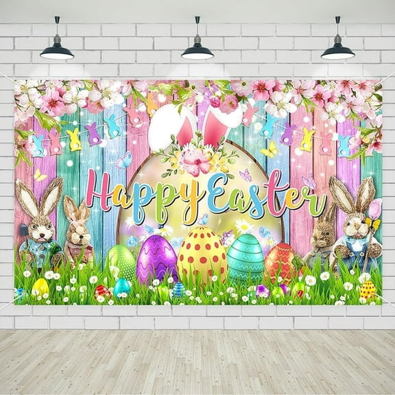 Happy Easter Backdrops Photography Banner Decorations Bunny Grassland Rustic Wood Background Eggs Banner for Jesus Easter Spring Party Decorations, 10x8ft