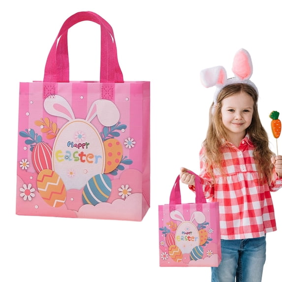 Happy Easter Bags, 10.62" x 4.72" x 11.41" Large Easter Gift Bags with Handles, Non-Woven Bunny Egg Hunt Bags, Great for Kids Party Favors, Gift Wrapping and Basket Fillers