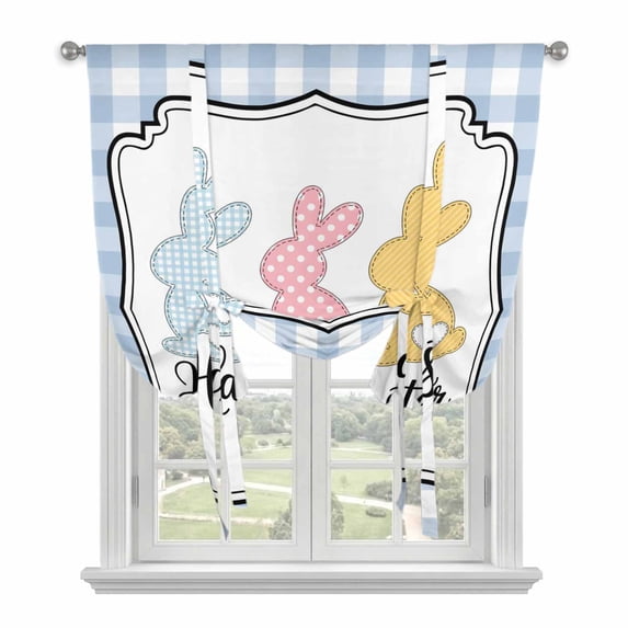 Happy Easter Balloon Curtains 63 Inch Length for Living Room/Bedroom, Cute Lovely Colorful Rabbits Silhouette Blue Plaid Rod Pocket Privacy Door Curtains Decorative Tie Up Shade for Window 52"x63"