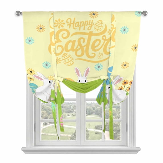 Happy Easter Balloon Curtains 63 Inch Length for Living Room/Bedroom, Rabbits Eggs Spring Daisy Floral Grass Yellow Rod Pocket Privacy Door Curtains Decorative Tie Up Shade for Window 52"x63"