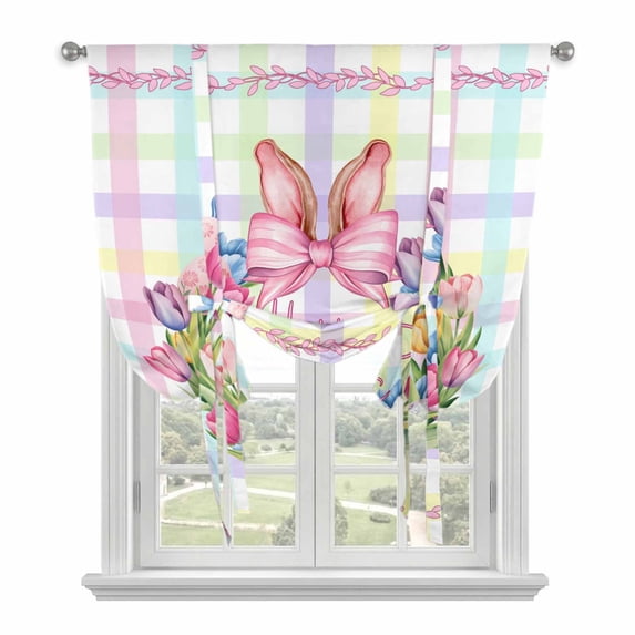 Happy Easter Balloon Curtains for Living Room/French Door, Rabbits Bows Tulips Eggs Colorful Stripes Tie Up Curtains 63 Inch Length Energy Saving Kitchen Curtains Shades for Windows 42"x63"