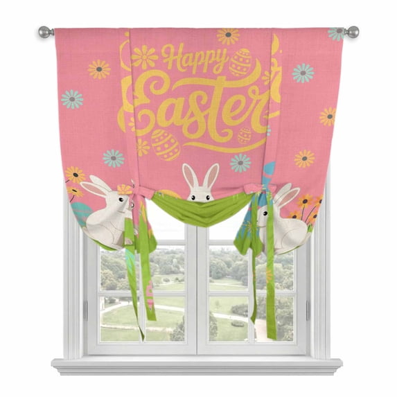 Happy Easter Balloon Curtains for Living Room/French Door, Rabbits Eggs Spring Daisy Floral Grass Pink Tie Up Curtains 63 Inch Length Energy Saving Kitchen Curtains Shades for Windows 42"x63"