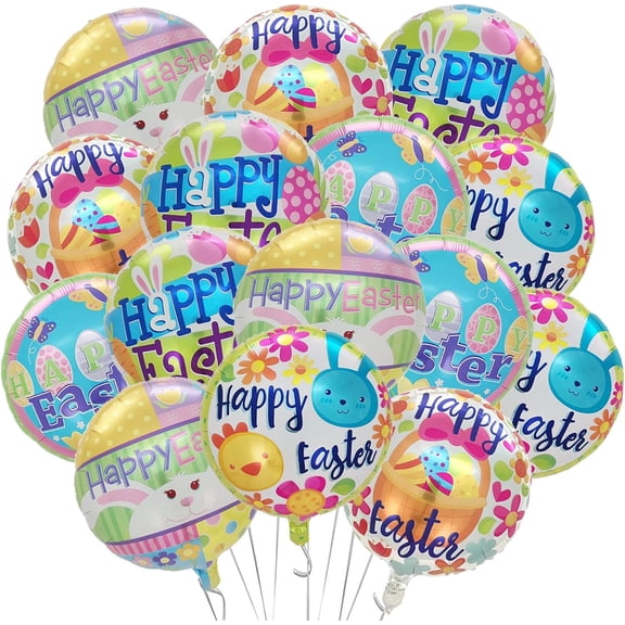 Happy Easter Balloons Decorations Round Foil Mylar Balloons Easter Bunny Egg for Spring Birthday Party Decorations Supplies