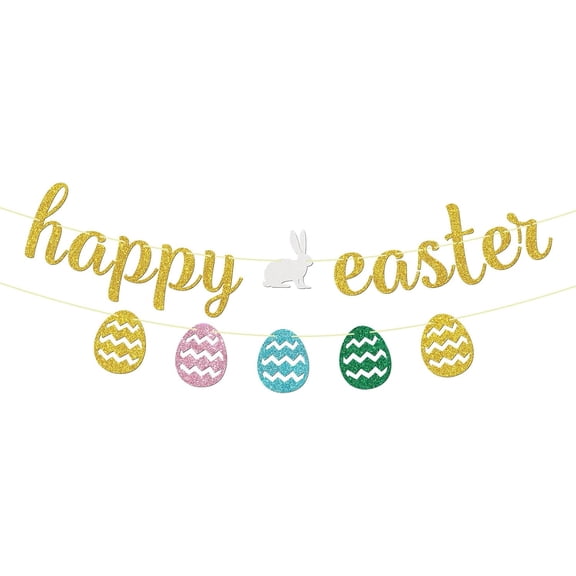 Happy Easter Banner with Bunny Rabbit Easter Eggs - Spring Easter Party Banner Decor - Children Birthday - Baby Shower Anniversary Party Decorations, Gold Glitter