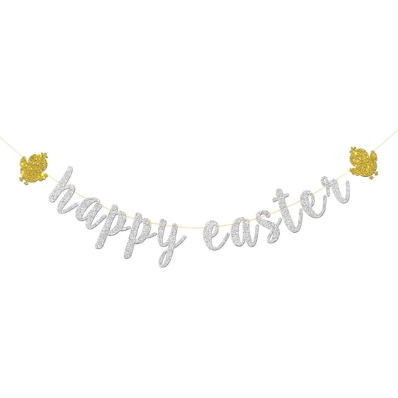Happy Easter Banner - Chick Easter Party Garland Supplies - Spring Easter Party Decoration Supplies - Silver Glitter
