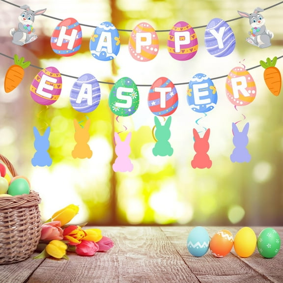 Happy Easter Banner Happy Easter Paper Hanging Banner Easter Sign Wall Decoration with Shape Of Cute Colorful Rabbits and Eggs for Indoor and Outdoor Decorations