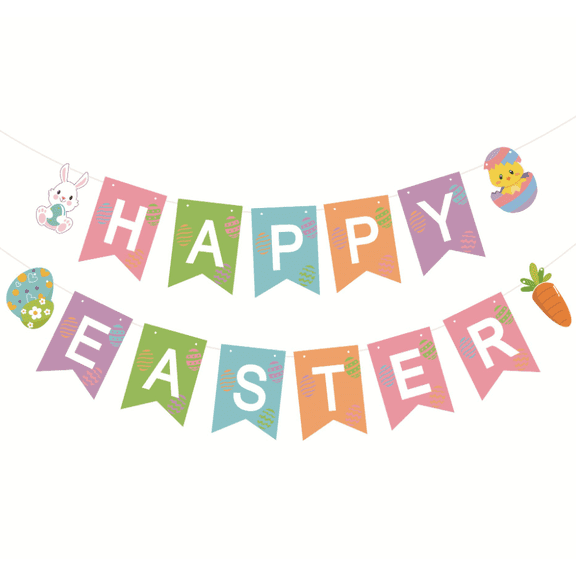 Happy Easter Banner, Colorful Bunting Garland with Bunny, Chick, Eggs and Carrot Decorations, Party Supplies