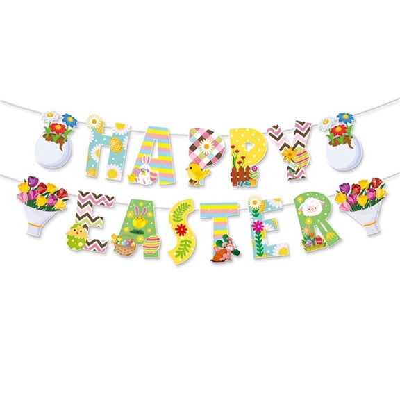 Happy Easter Banner, Daisy Easter Egg Chicken Party Decoration, Festive Paper Bunting for Easter Egg Hunt, Spring Celebration, 10ft Long