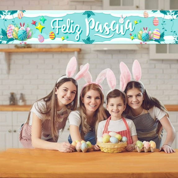 Happy Easter Banners Easter Banners for Outside Garden, Large Long Spring Bunny Easter Banner Egg Hunt Decorations, Easter Decorations and Supplies for Home Classroom Office