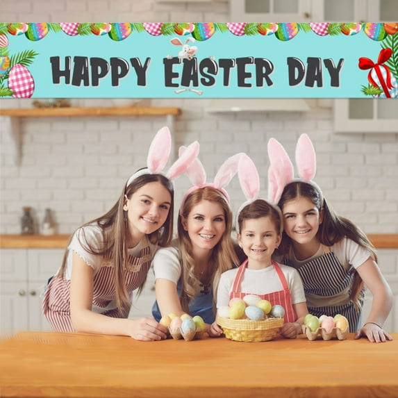 Happy Easter Banners Easter Banners for Outside Garden, Large Long Spring Bunny Easter Banner Egg Hunt Decorations, Easter Decorations and Supplies for Home Classroom Office