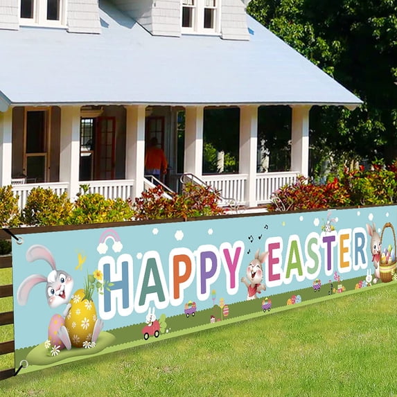 Happy Easter Banners Welcome Spring Easter Themed Party Banners Lawn Sign Backdrop Rabbit Banner for Indoor Outdoor Easter Party