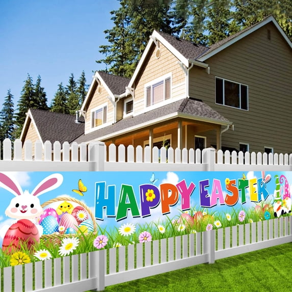 Happy Easter Banners Welcome Spring Easter Themed Party Banners Lawn Sign Backdrop Rabbit Banner for Indoor Outdoor Easter Party