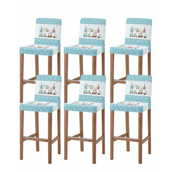 Happy Easter Bar Stool Covers Set of 6, Cute Gnomes Eggs Blue Bunny Flowers Border Stretch Washable Bar Chair Covers with Backs, Removable Pub Counter Height Chair Cover for Kitchen Dining Room Cafe