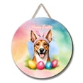 thumbnail image 1 of Happy Easter Basenji with Bunny Ear Headband and Flowers Round Wood Sign African Barkless Dog Lover Hanging Wall Home Decor - 13001, 1 of 5