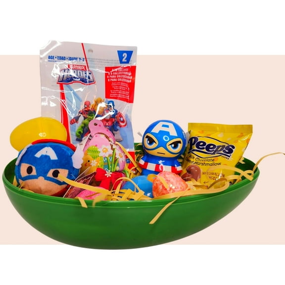 Happy Easter Basket Captain America Pre-Filled Surprise Jumbo Egg Superhero Plush Figure Stamper Eggs Candies Gifts Reusable Plastic Egg Spring (Contents May Vary)