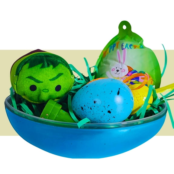 Happy Easter Basket Pre-Filled Surprise 6-inch Egg w/ Hulk Plush Toy Kids Boys Balloon Eggs Peeps Candies & Reusable Plastic Egg-Shaped Container Spring Party Favors (Contents Vary)