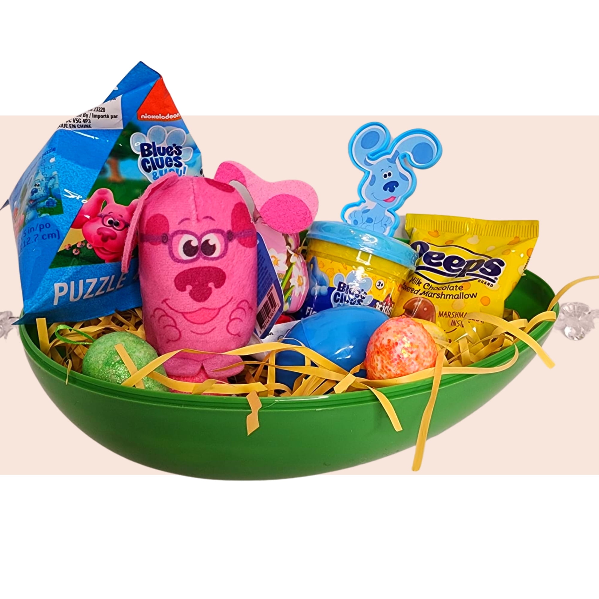 Happy Easter Basket Pre-Filled Surprise Jumbo Egg with Blue's Clues Magenta Plushie Kiddy Dough Figure Eggs Candies Gift & Reusable Plastic Egg-Shaped Container Spring Party (Contents May Vary)