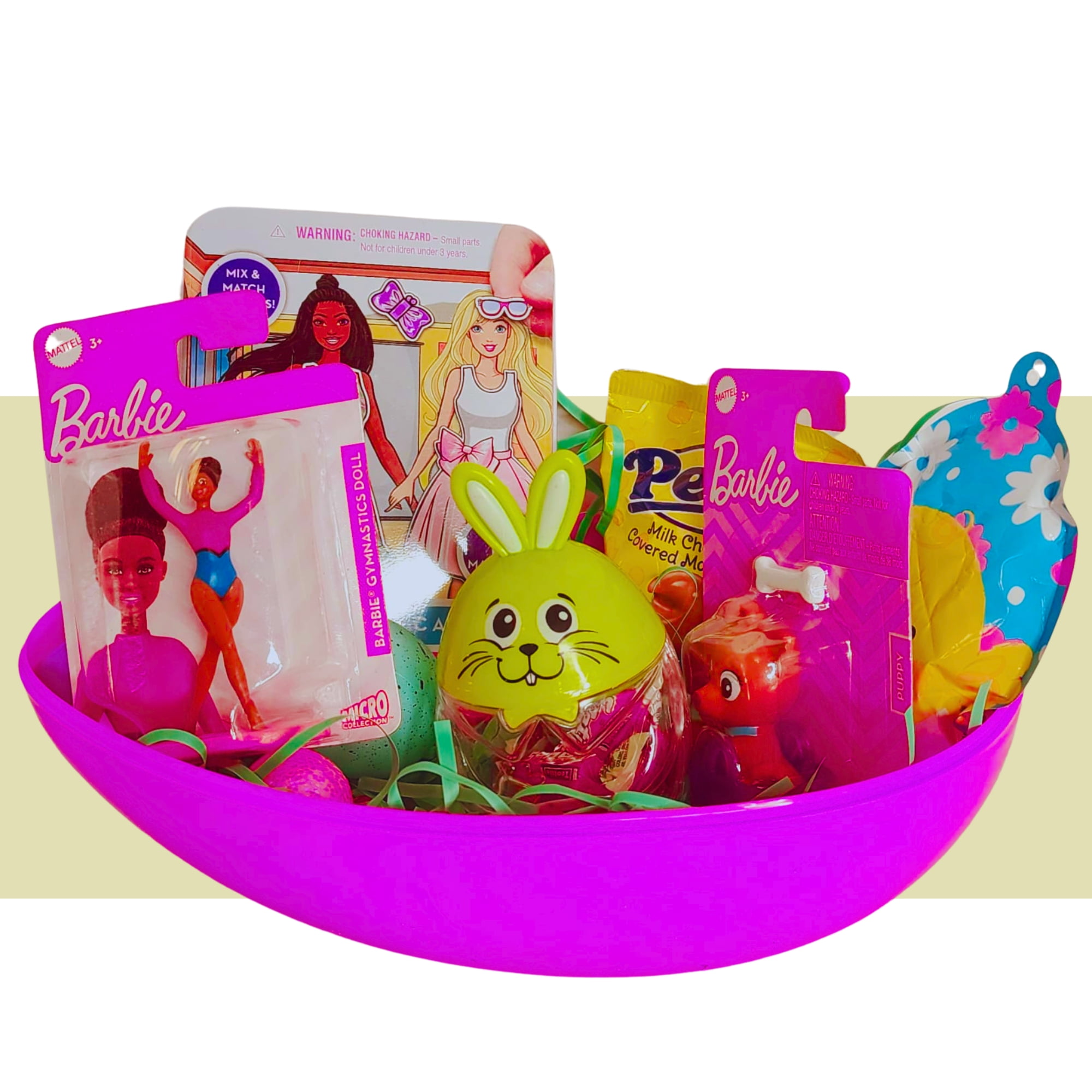 Happy Easter Basket Pre-Filled Surprise Jumbo Egg w/ African American Barbie Doll Toy Kids Girls Balloon Eggs Peeps Candies & Reusable Plastic Egg-Shaped Container Spring Party Favors (Contents Vary)