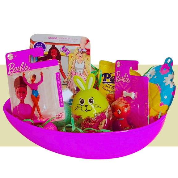 Happy Easter Basket Pre-Filled Surprise Jumbo Egg w/ African American Barbie Doll Toy Kids Girls Balloon Eggs Peeps Candies & Reusable Plastic Egg-Shaped Container Spring Party Favors (Contents Vary)