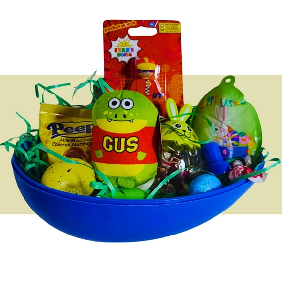 Happy Easter Basket Pre-Filled Surprise Jumbo Egg w/ Gus Crocodile Plush Balloon Eggs Peeps Candies & Reusable Plastic Egg-Shaped Container Spring Party Favors (Contents Vary)