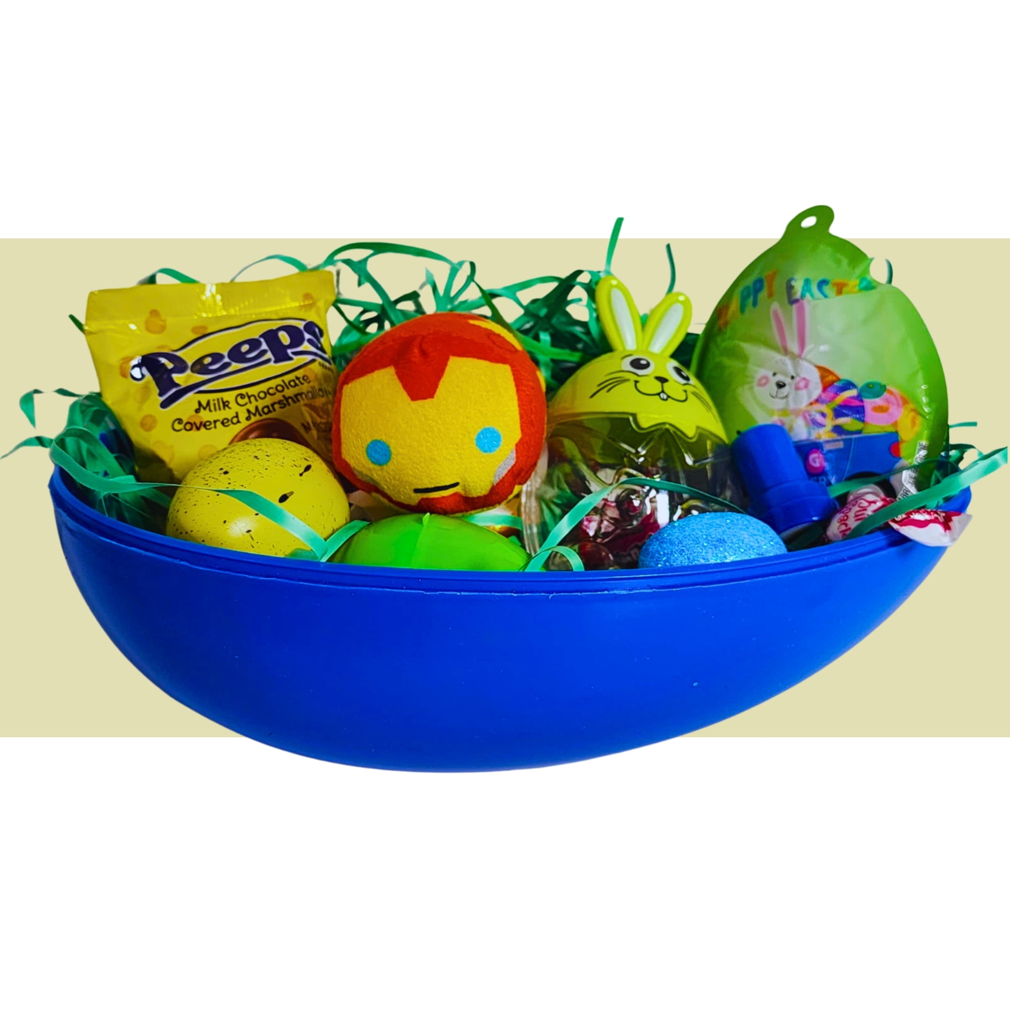 Happy Easter Basket Pre-Filled Surprise Jumbo Egg w/ Ironman Superhero Plush Balloon Eggs Peeps Candies & Reusable Plastic Egg-Shaped Container Spring Party Favors (Contents Vary)
