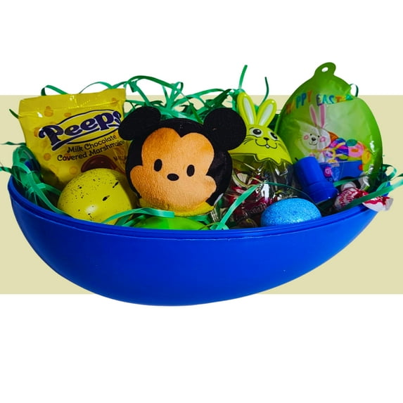 Happy Easter Basket Pre-Filled Surprise Jumbo Egg w/ Mickey Plushie Balloon Eggs Peeps Candies & Reusable Plastic Egg-Shaped Container Spring Party Favors (Contents May Vary)