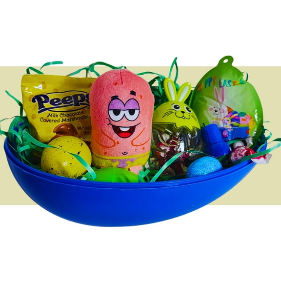 Happy Easter Basket Pre-Filled Surprise Jumbo Egg w/ Patrick Starfish Plushie Balloon Eggs Peeps Candies & Reusable Plastic Egg-Shaped Container Spring Party Favors (Contents Vary)